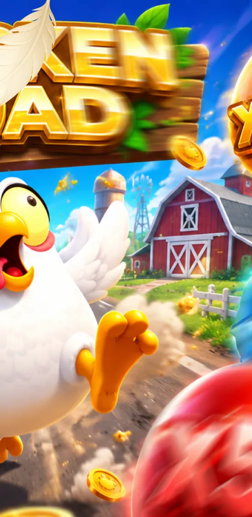 La gallina di Crazy Hen corre sulla strada davanti alla fattoria, artwork ufficiale del gioco