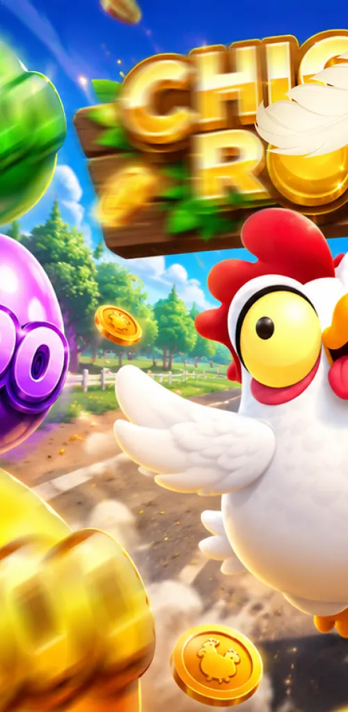 La gallina di Crazy Hen in primo piano con il cartello di legno del gioco